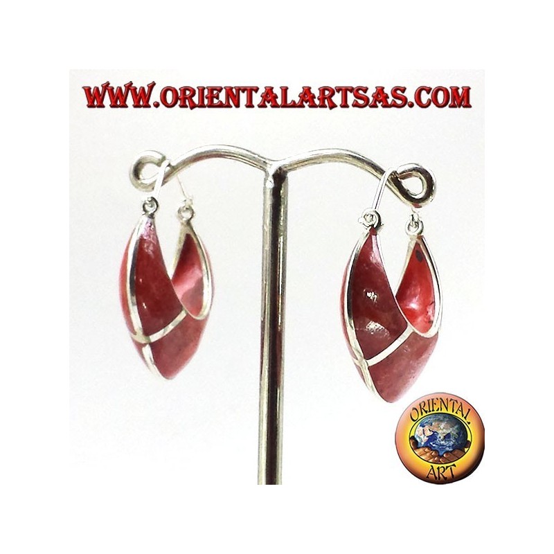 silver earrings, semi-circle crescent with coral madrepora