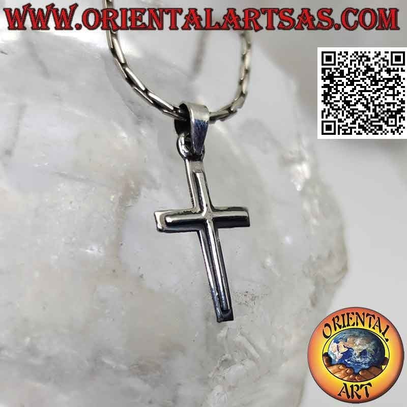 Pendentif en argent, double croix chrétienne lisse superposée