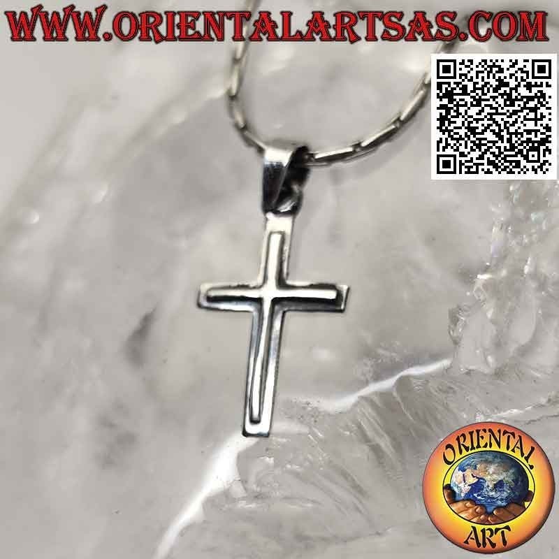 Ciondolo in argento, doppia croce cristiana sovrapposta liscia