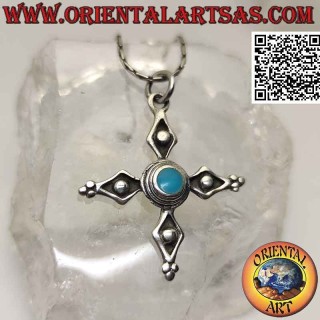 Pendentif en argent croix ancienne de Cerdagne avec turquoise ronde centrale
