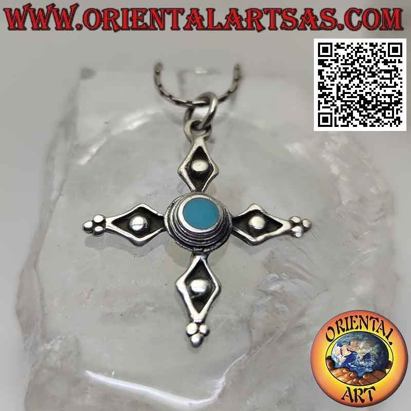 Silver pendant ancient cross of Cerdanya with central round turquoise