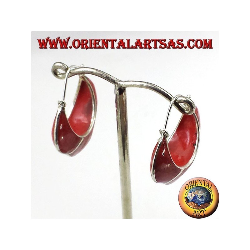 silver earrings, semi-circle crescent with coral madrepora