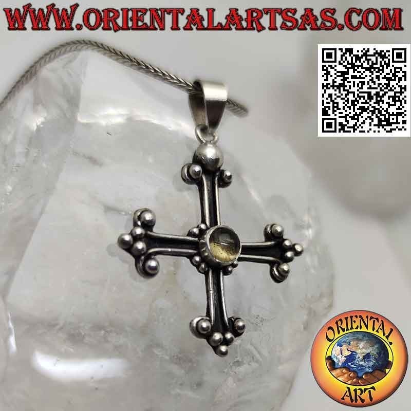 Pendentif en argent, croix de San Lorenzo avec topaze jaune ronde centrale