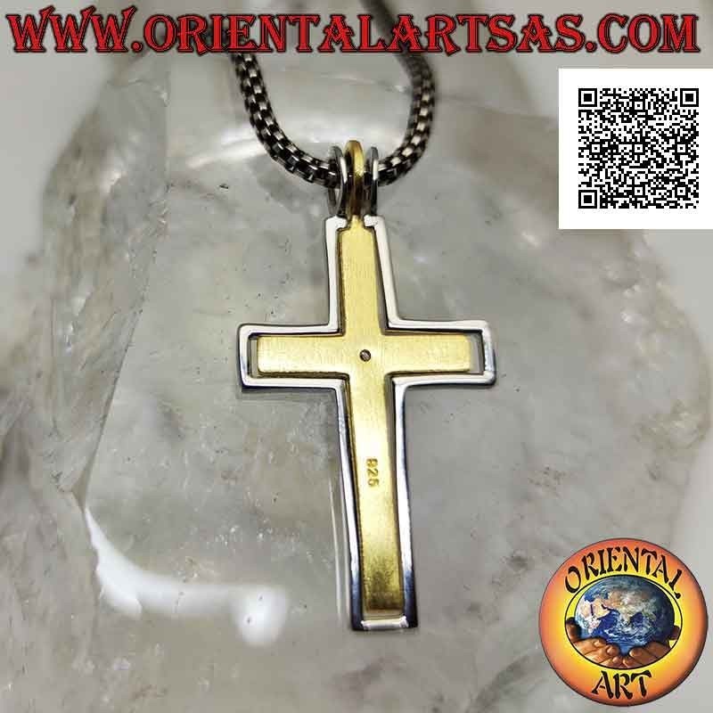 Silver pendant, gold-plated Christian Latin cross (central) with white zircon
