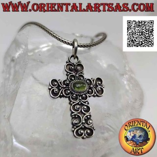 Silver pendant, handmade baroque cross with natural cabochon horizontal oval peridot