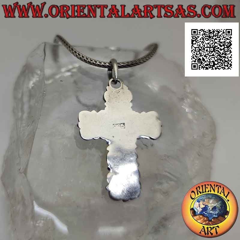 Pendentif en argent, croix baroque faite main avec cabochon naturel péridot ovale horizontal