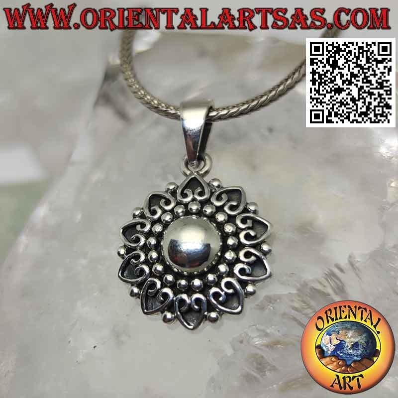 Silver pendant, sun in the flower of life surrounded by little hearts