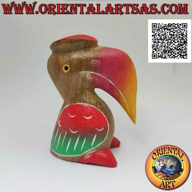 Scultura di un tucano toco con cappello "laureato" dipinto a mano, in legno di teak da 12 cm