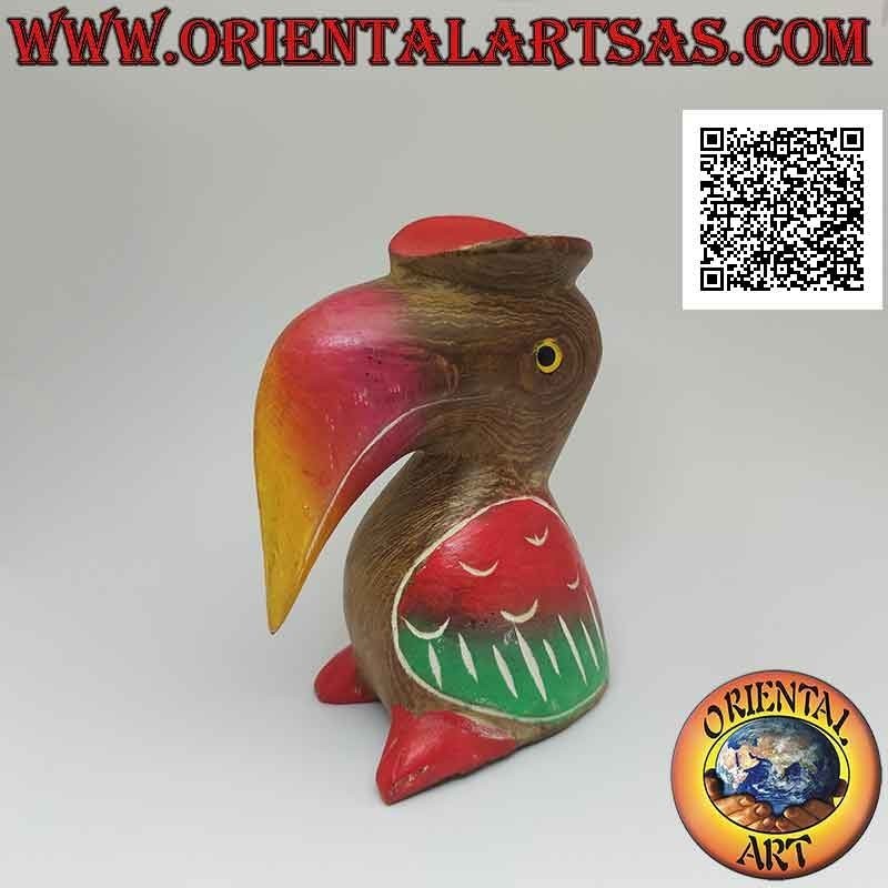 Scultura di un tucano toco con cappello "laureato" dipinto a mano, in legno di teak da 12 cm
