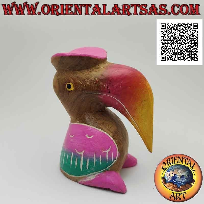 Escultura de tucán toco con sombrero "graduado" pintado a mano, en madera de teca de 12 cm.