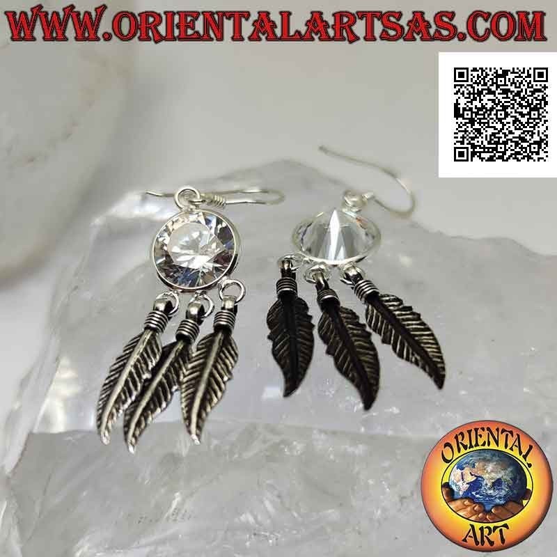 Silver leverback earrings with white faceted round zircon and three dangling feathers