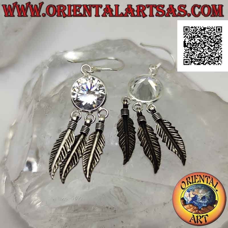 Silver leverback earrings with white faceted round zircon and three dangling feathers