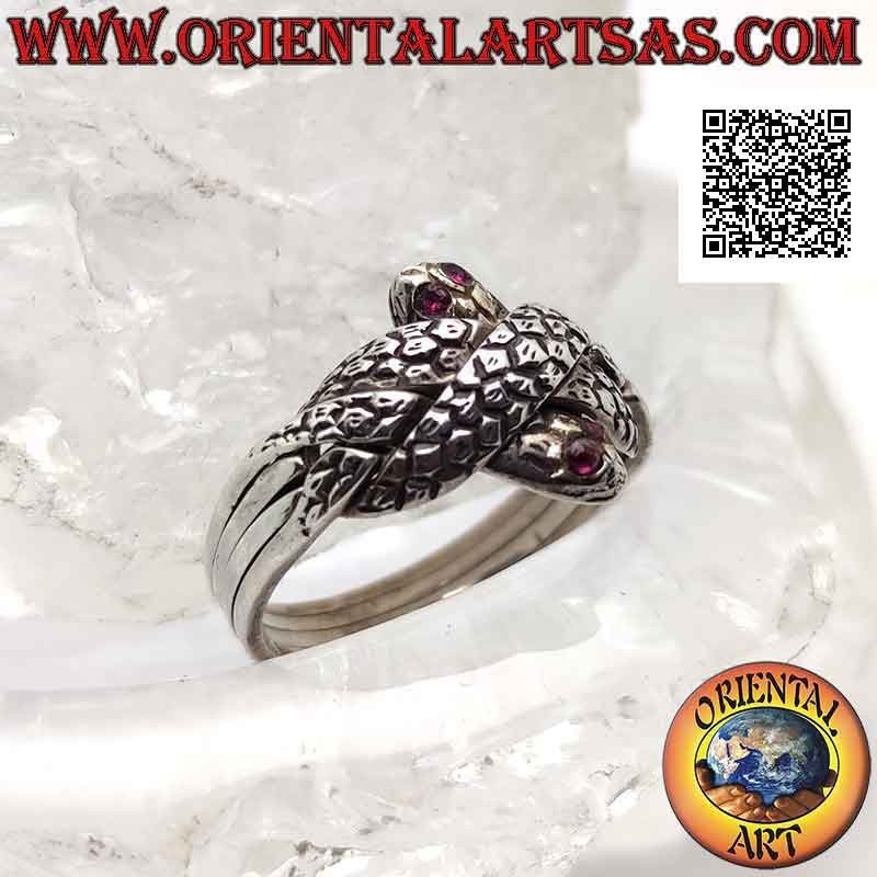 Anello puzzle fede turca a quattro fili di serpenti con occhi di rubini in argento
