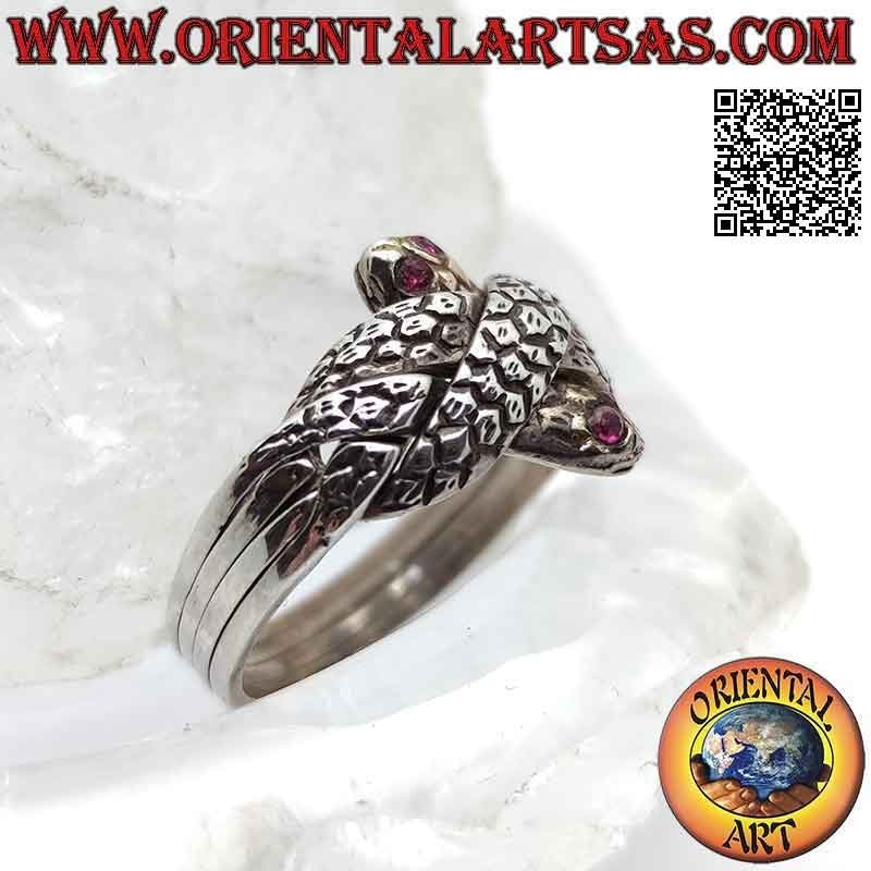 Bague puzzle foi turque avec quatre lignes de serpents aux yeux rubis en argent