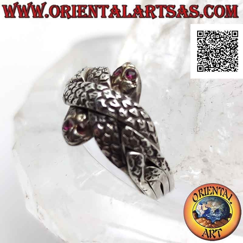 Anillo de rompecabezas de fe turco con cuatro líneas de serpientes con ojos de rubí en plata
