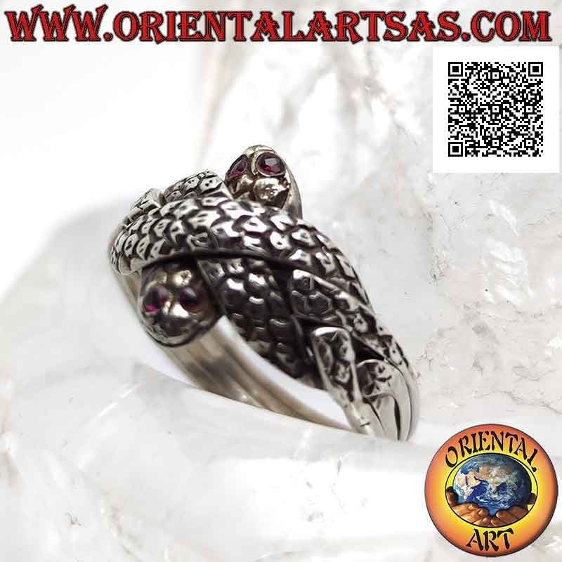 Turkish faith puzzle ring with four lines of snakes with ruby eyes in silver