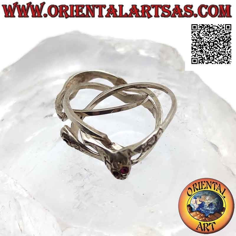 Anello puzzle fede turca a quattro fili di serpenti con occhi di rubini in argento