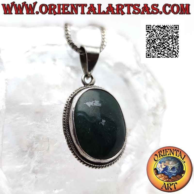Silver pendant with oval moss green agate surrounded by weaving