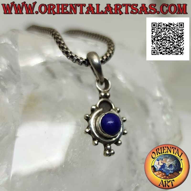 Pendant in silver, round lapis lazuli surrounded by a circle and balls and trio of balls below