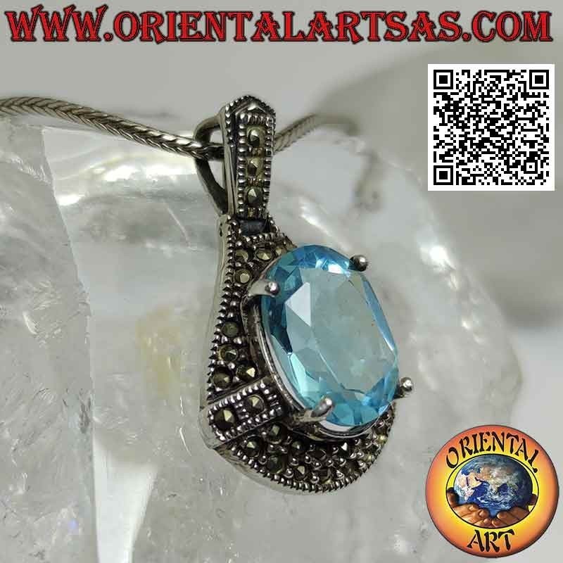 Ciondolo in argento con Topazio blu ovale contornata di marcassiti