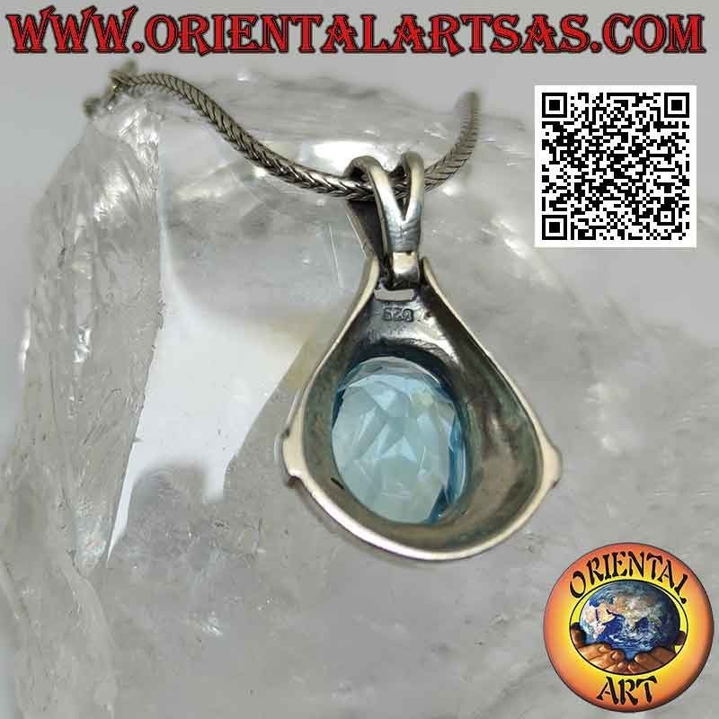 Silver pendant with oval blue Topaz surrounded by marcassites