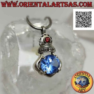 Silver pendant with horizontal blue topaz set and a marcasite and garnet crown