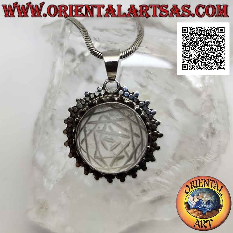 Silver pendant with Sri Yantra engraved on round rock crystal and double row of trio of circles