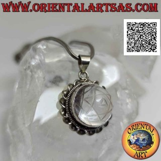 Silver pendant with Sri Yantra engraved on round rock crystal surrounded by a helical cord