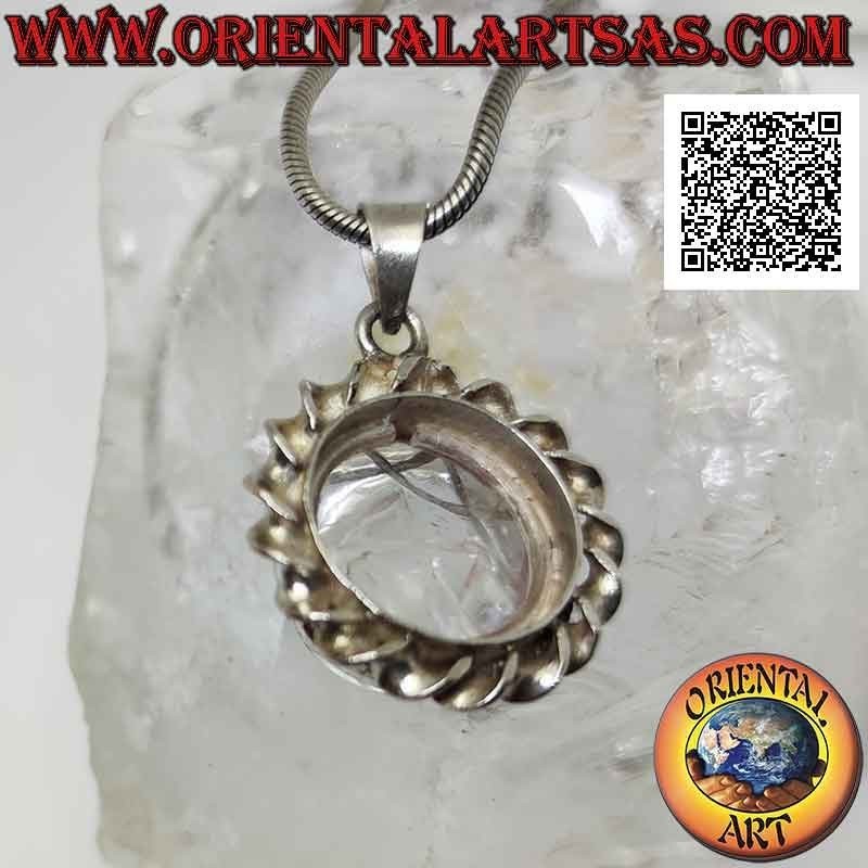 Silver pendant with Sri Yantra engraved on round rock crystal surrounded by a helical cord