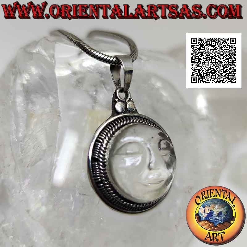 Silver pendant with the face of serenity engraved on rock crystal and smooth and striped edge