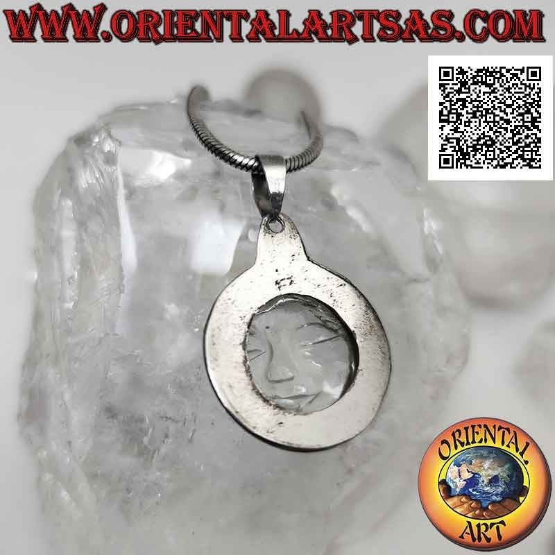 Ciondolo in argento con volto della serenità inciso su cristallo di rocca e bordo liscio e rigato
