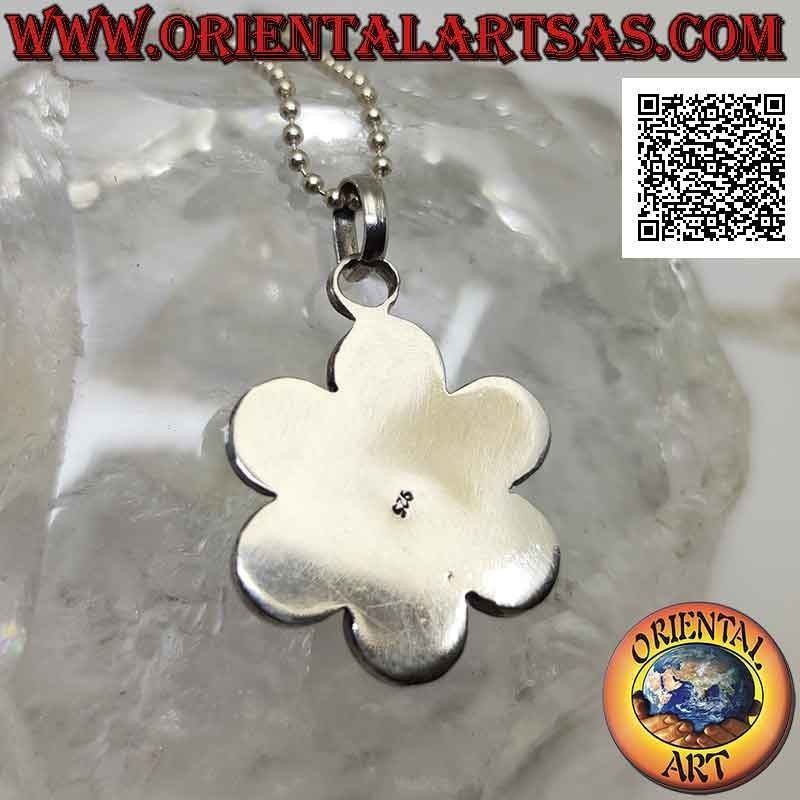 Colgante flor de plata con cabujón central de malaquita redonda y pétalos con bola en bajorrelieve