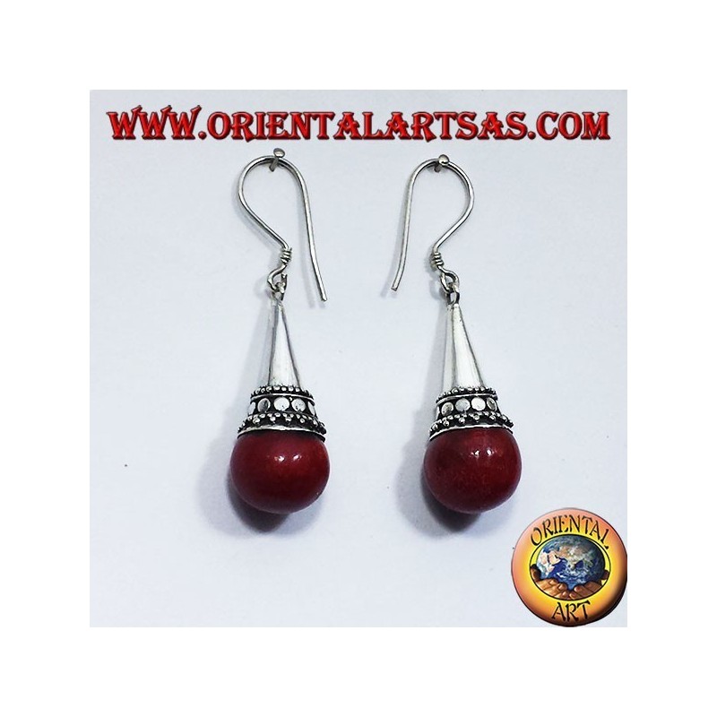 pendientes de cono de plata con esfera de coral