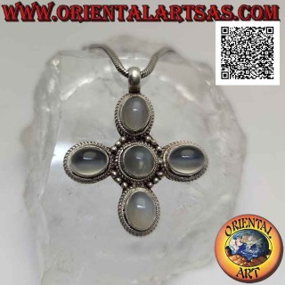 Silver pendant, Greek cross with five oval cabochon moonstones (adularia)