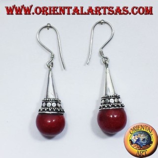 pendientes de cono de plata con esfera de coral