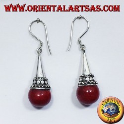 silver cone earrings with coral sphere