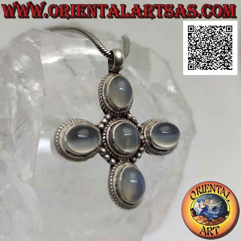 Colgante de plata, cruz griega con cinco piedras de luna cabujón ovaladas (adularia)