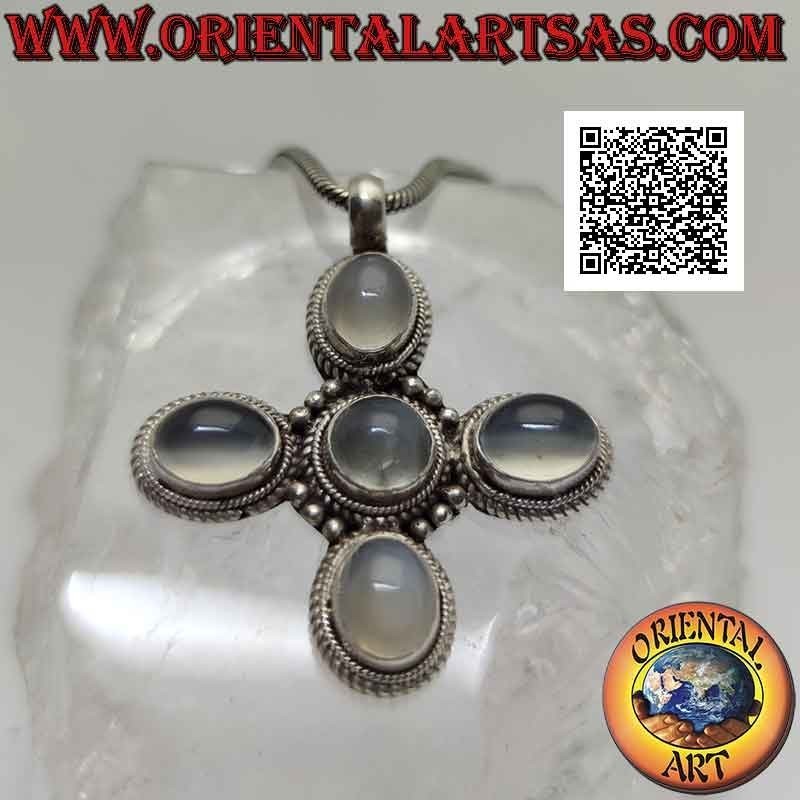 Colgante de plata, cruz griega con cinco piedras de luna cabujón ovaladas (adularia)