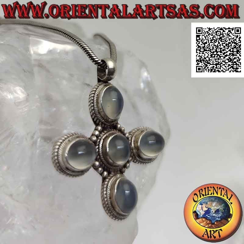 Pendentif en argent, croix grecque avec cinq pierres de lune cabochon ovales (adularia)