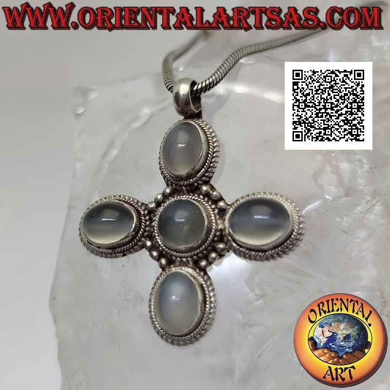 Silberanhänger, griechisches Kreuz mit fünf ovalen Cabochon-Mondsteinen (Adularia)