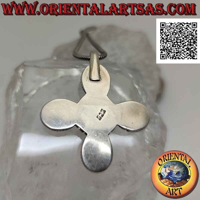 Ciondolo in argento, croce greca con cinque pietre di luna (adularia) ovali cabochon