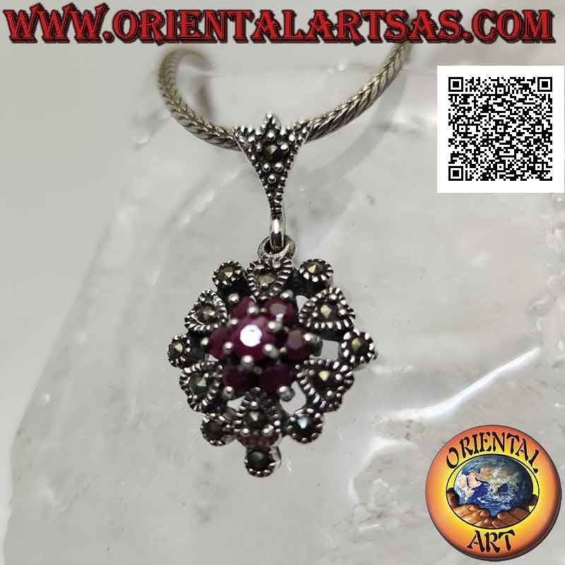 Silver pendant, natural ruby flower set surrounded by a frame with hearts and marcasite