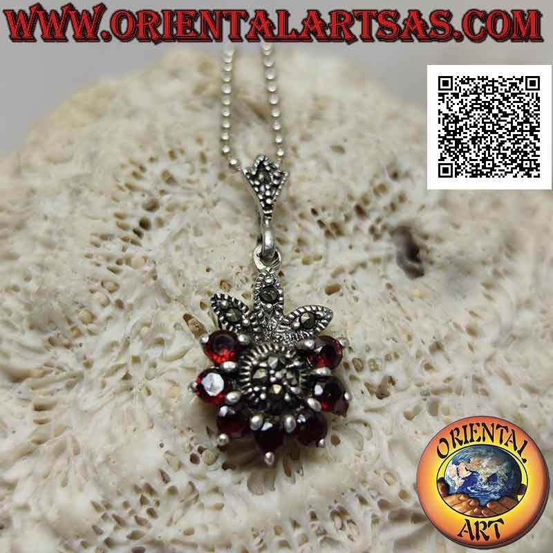 Silver pendant, flower of six natural garnets set in a semicircle and petals and center of marcasite