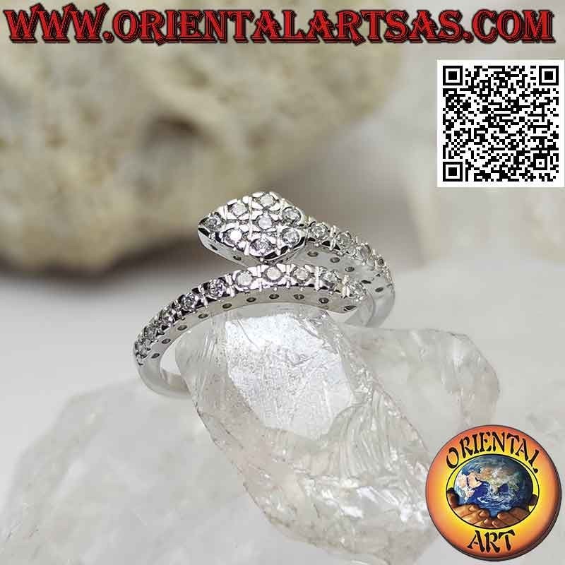 Anello in argento, serpente avvolto tempestato di zirconi bianchi (regolabile)