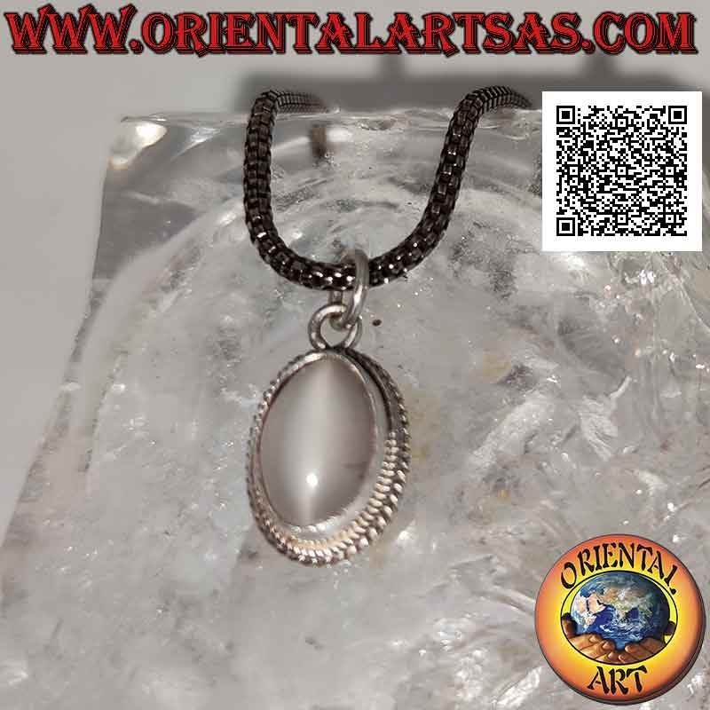 Silver pendant with cabochon oval moonstone surrounded by interweaving and smooth band