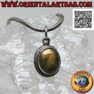 Pendentif en argent avec cabochon ovale labradorite entouré de tissage et bande lisse