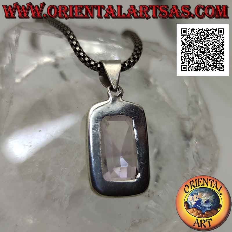Ciondolo in argento con splendida ametista naturale rettangolare a taglio ottagonale su montatura semplice