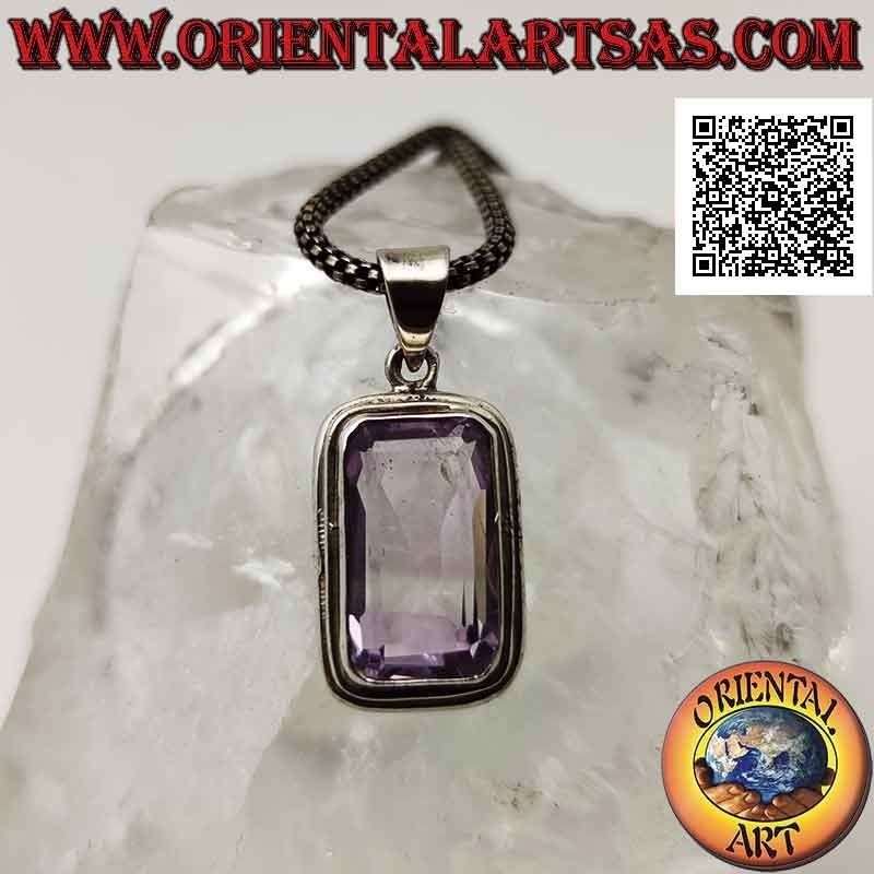 Silver pendant with a splendid rectangular octagonal cut natural amethyst on a simple setting