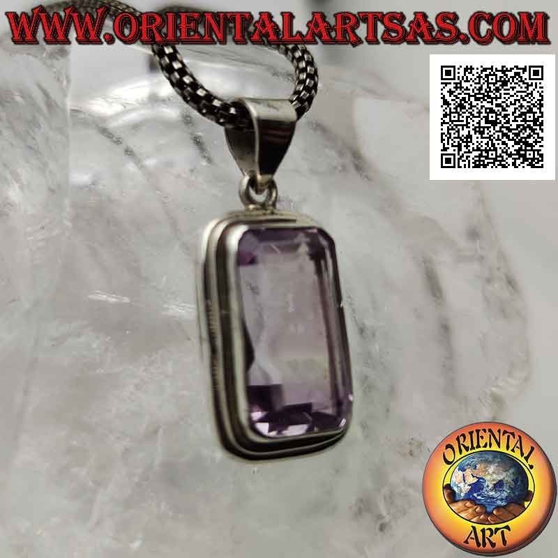 Silver pendant with a splendid rectangular octagonal cut natural amethyst on a simple setting