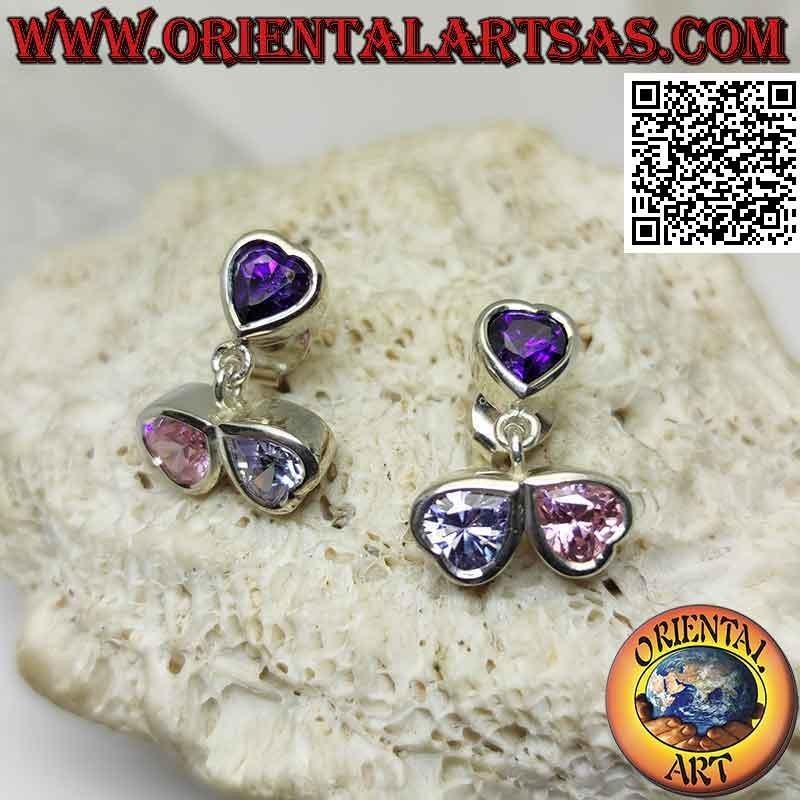 Boucles d'oreilles en argent, trio de cœurs en zircons colorés sur une monture lisse